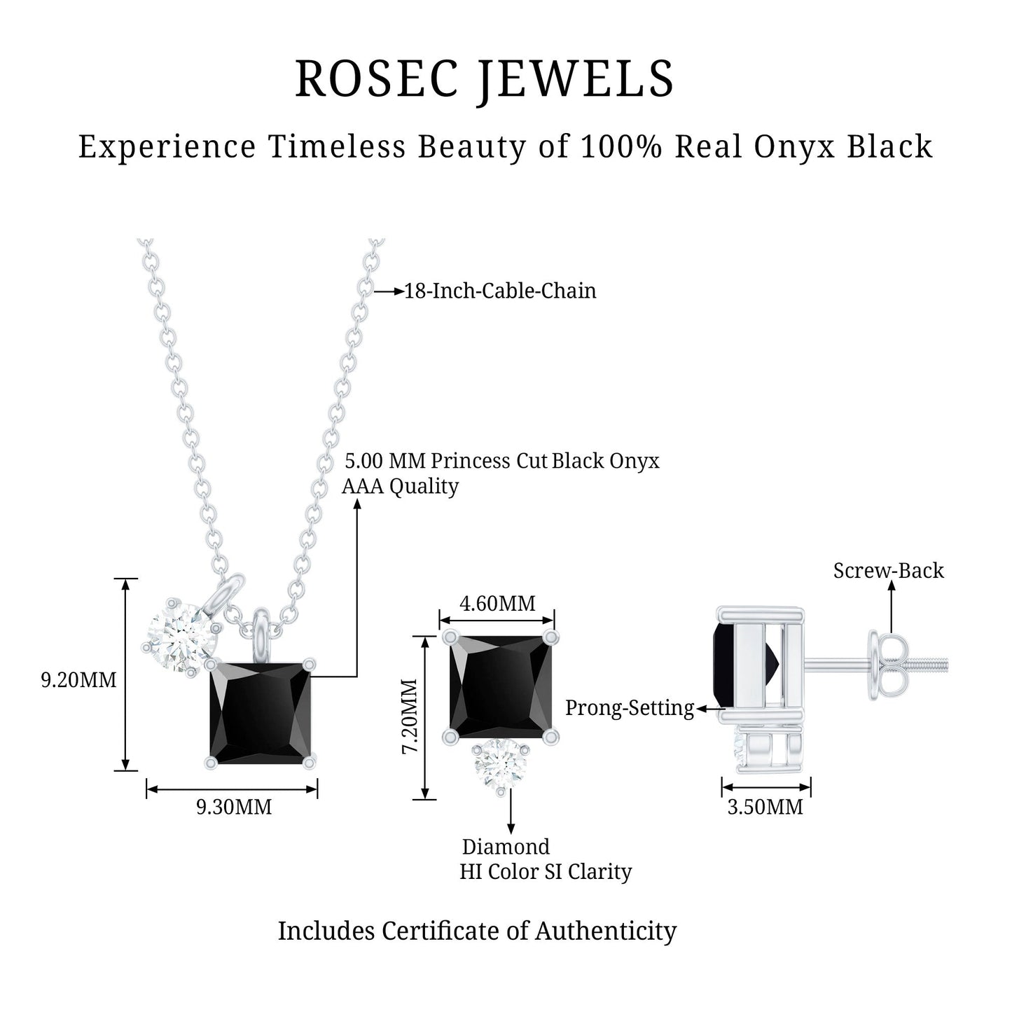 Natural 1.65 Carat Princess Cut Black Onyx Pendant and Earrings Set with Diamond