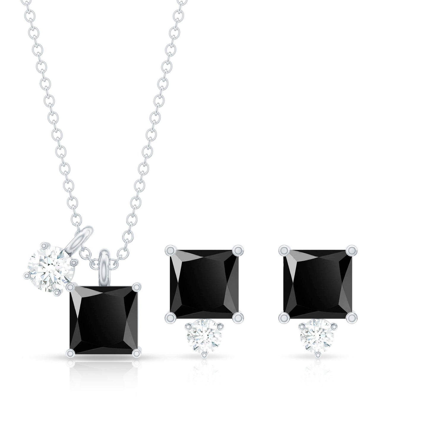 Natural 1.65 Carat Princess Cut Black Onyx Pendant and Earrings Set with Diamond
