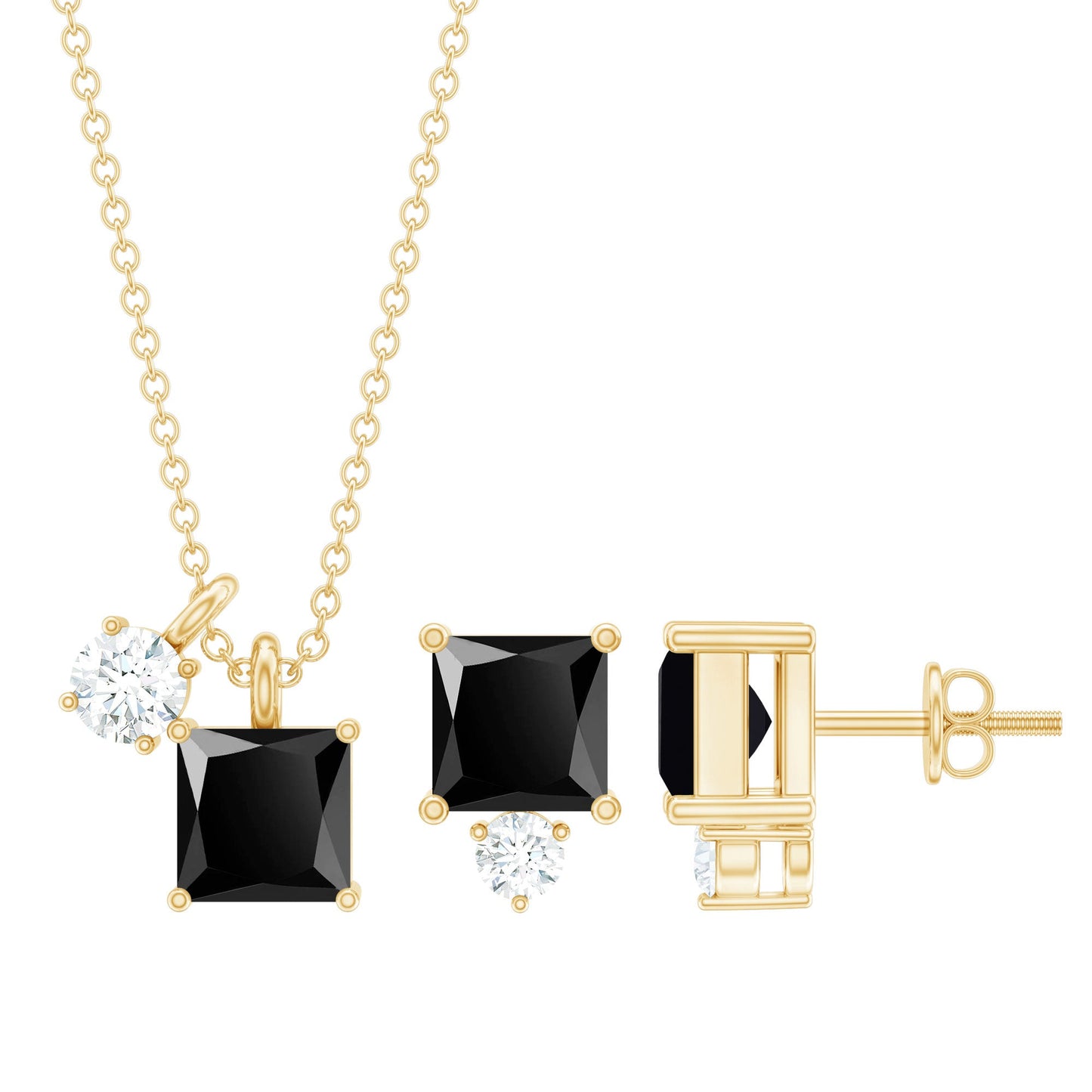 Natural 1.65 Carat Princess Cut Black Onyx Pendant and Earrings Set with Diamond