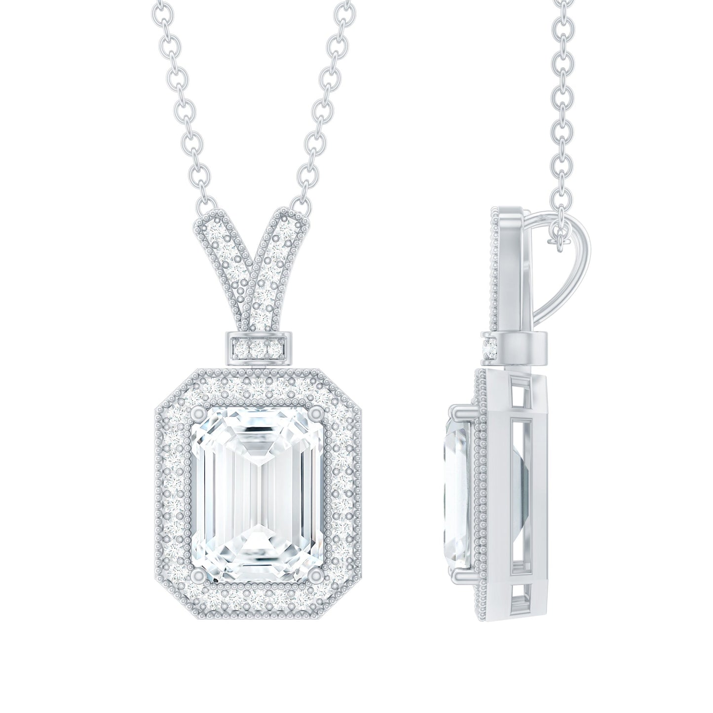Lab Created Diamond 6X8 MM Emerald Cut Halo Necklace
