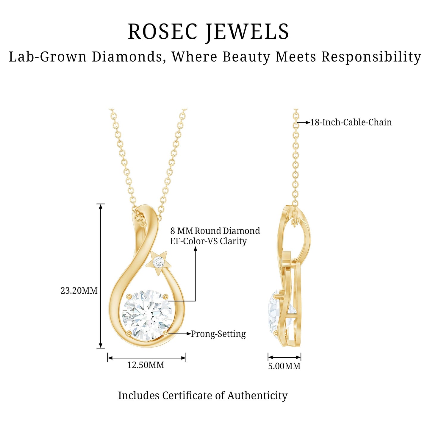 8 MM Round Solitaire Lab Grown Diamond Teardrop Necklace