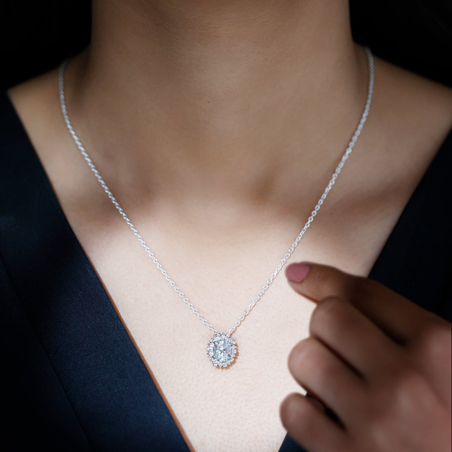 2 Carat Oval Moissanite Cocktail Necklace in 14K White Gold Plated Silver