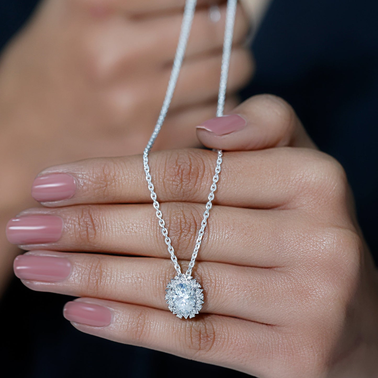 2 Carat Oval Moissanite Cocktail Necklace in 14K White Gold Plated Silver