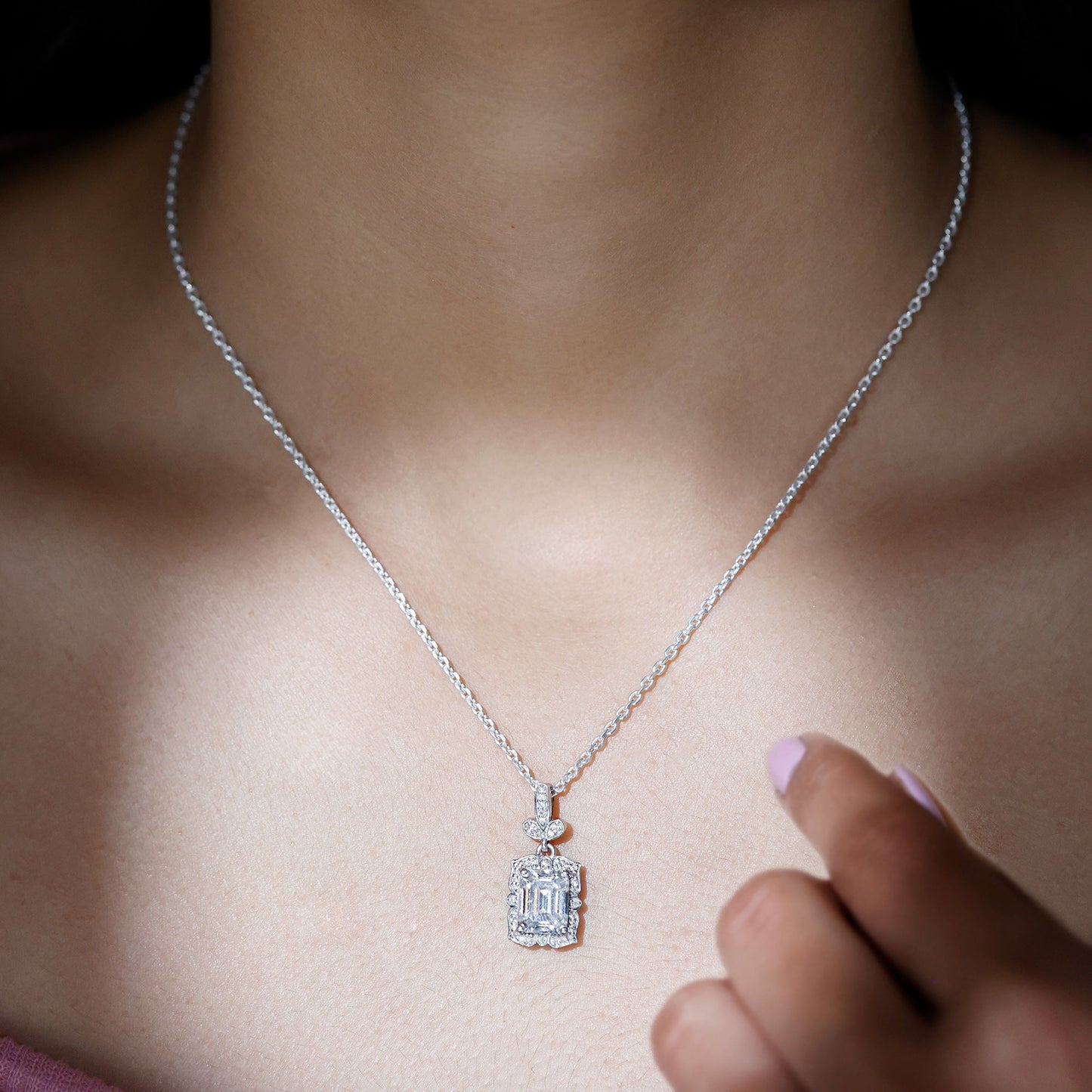 2.8 Carat Vintage Inspired Moissanite Emerald Cut Necklace With Silver Chain