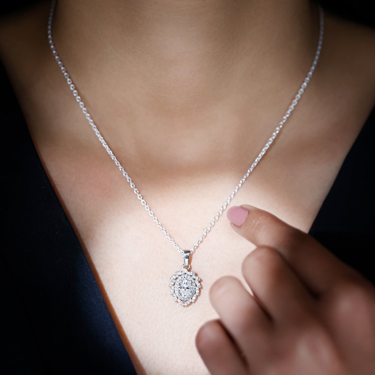 1.29 Carat Oval Shaped Moissanite Wedding Necklace With Silver Chain