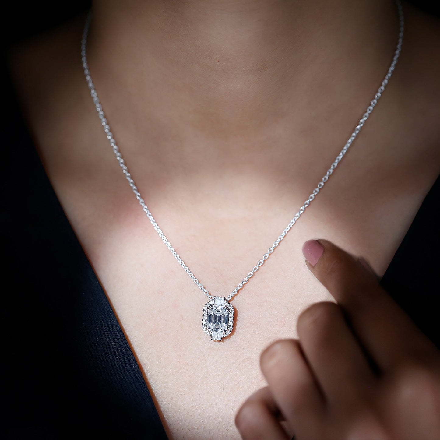 Vintage Inspired 2.8 Carat Emerald Cut Moissanite Halo Necklace