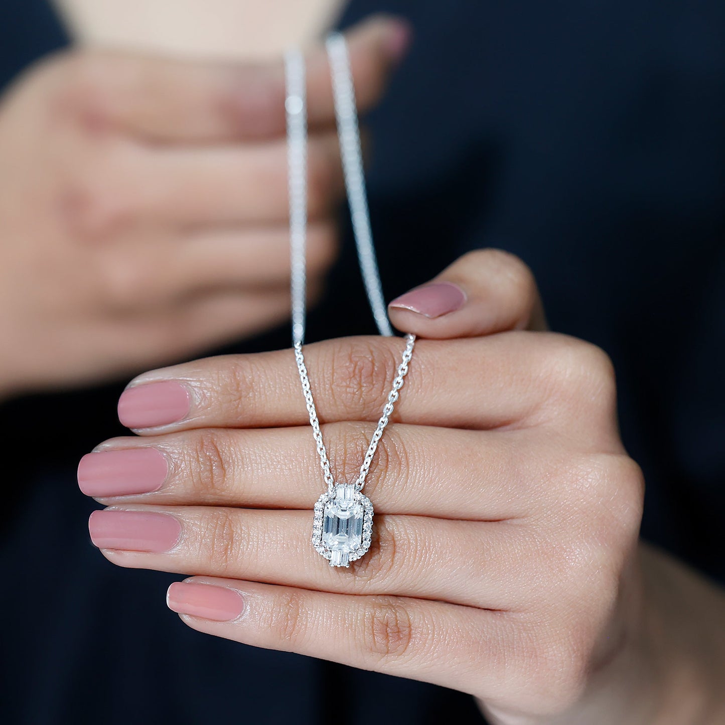 Vintage Inspired 2.8 Carat Emerald Cut Moissanite Halo Necklace