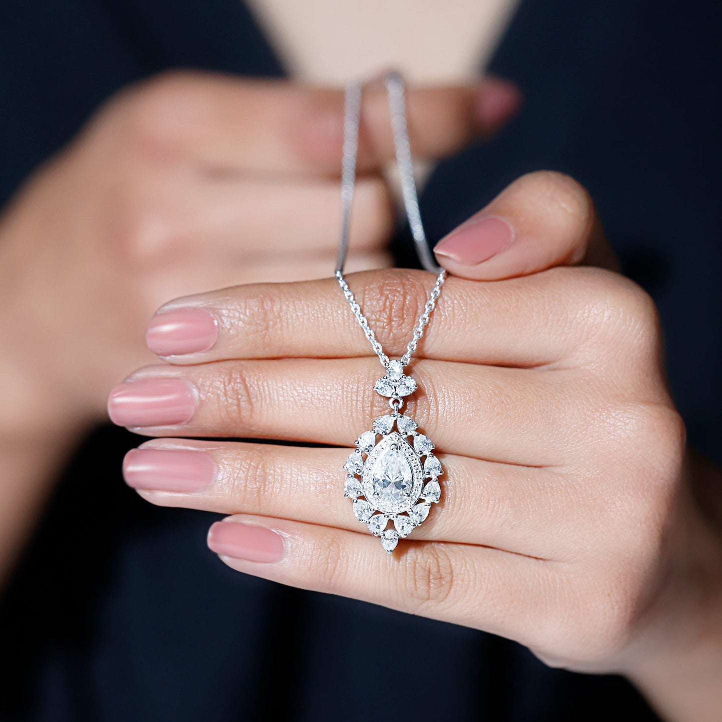 Certified 2.2 Carat Pear Shaped Moissanite Bridal Necklace with Silver Chain