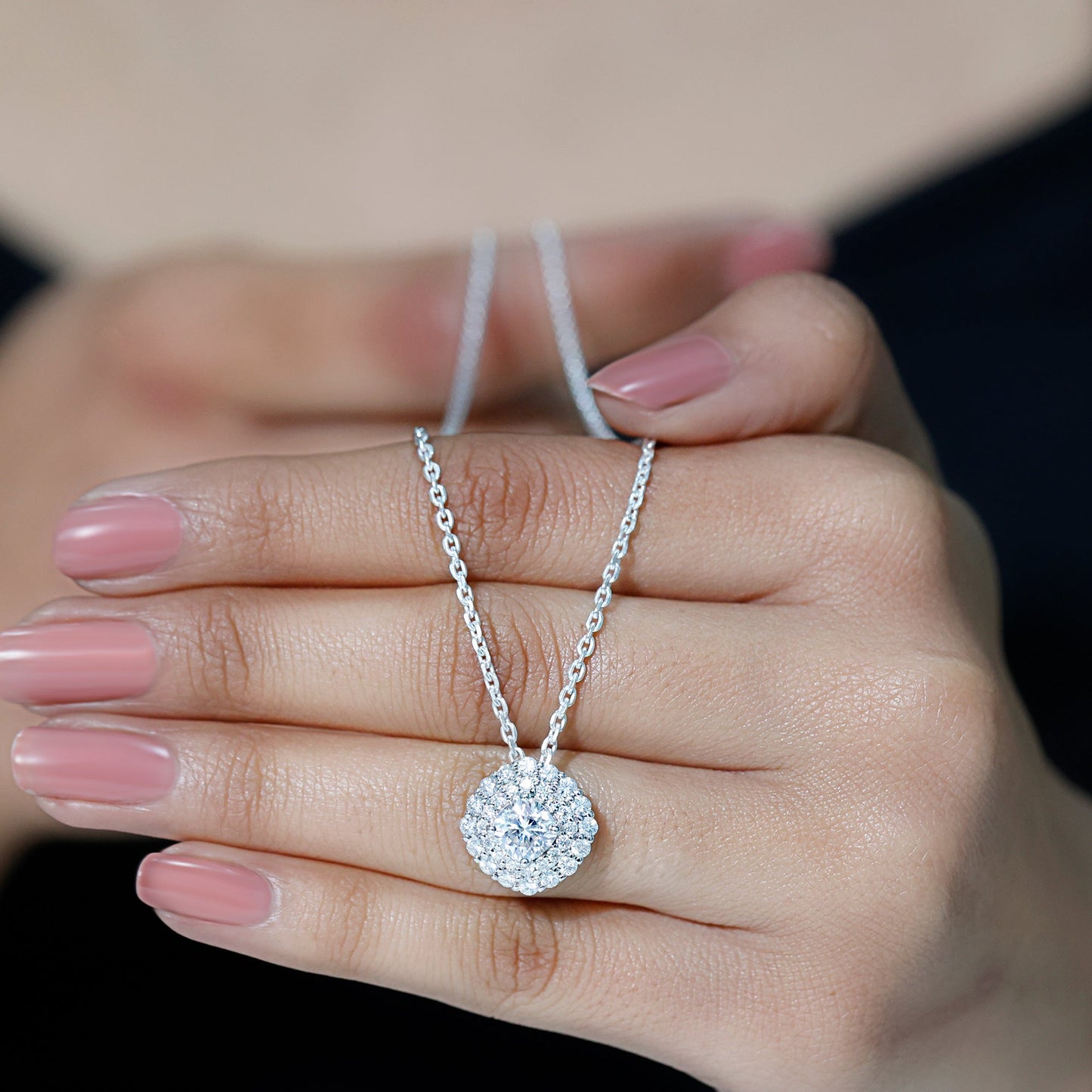 Certified Moissanite Double Halo Pendant Necklace with Silver Chain