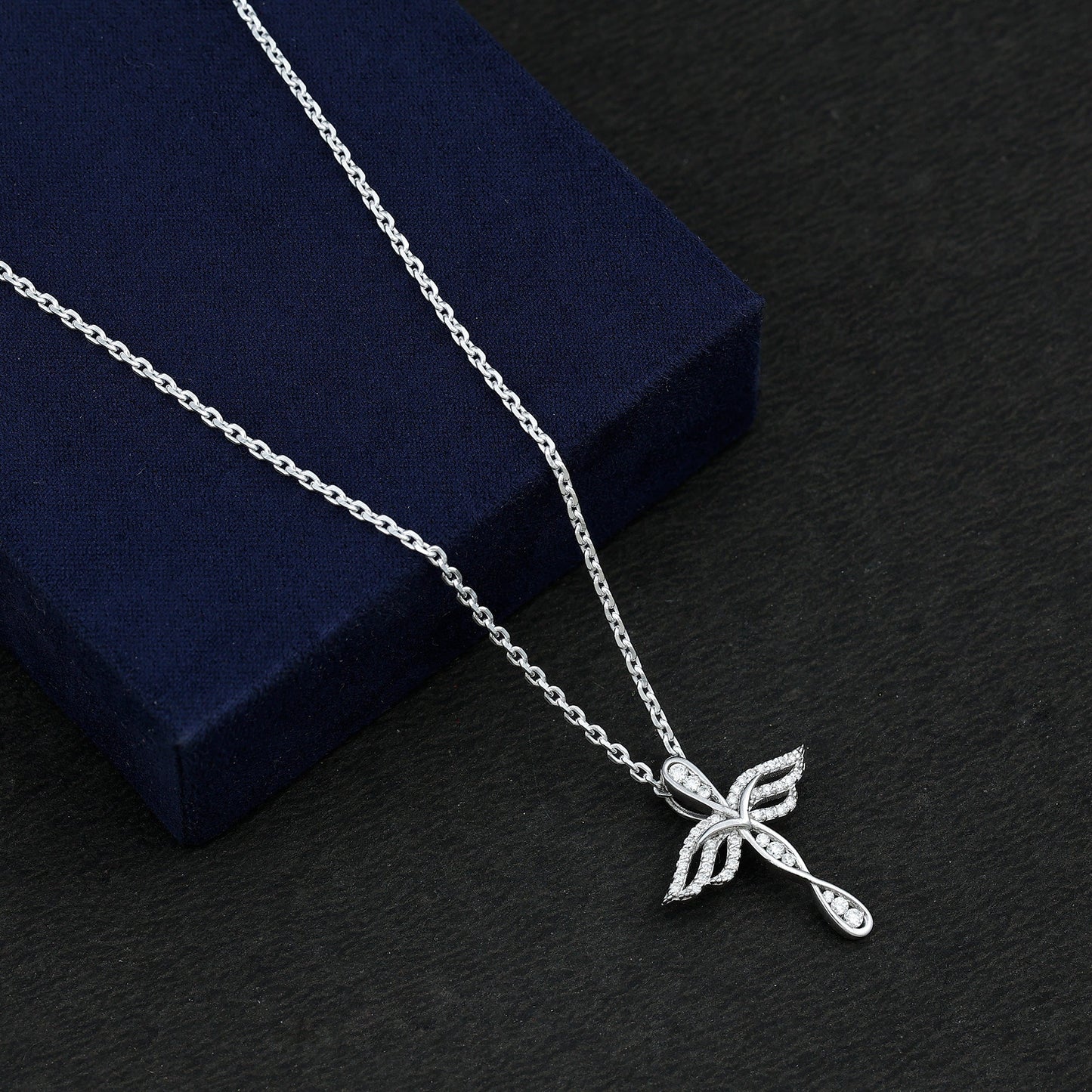 Certified Moissanite Angel Wings Cross Necklace with Silver Chain