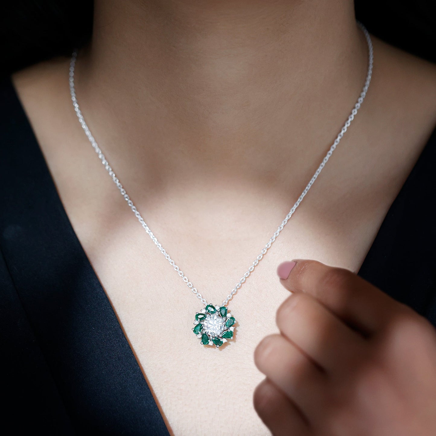 Certified 2 Carat Moissanite and Lab Emerald Flower Necklace in Silver