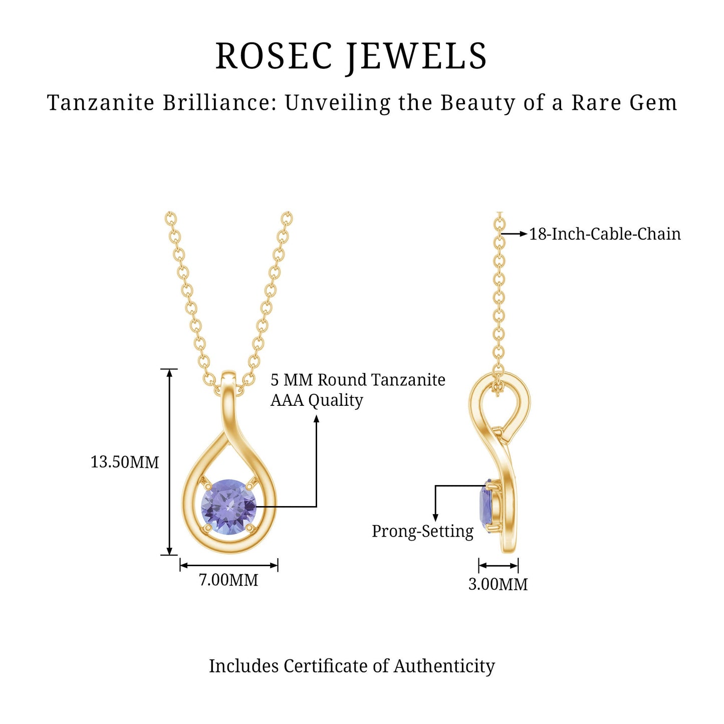 Certified 5 MM Round Tanzanite Teardrop Pendant