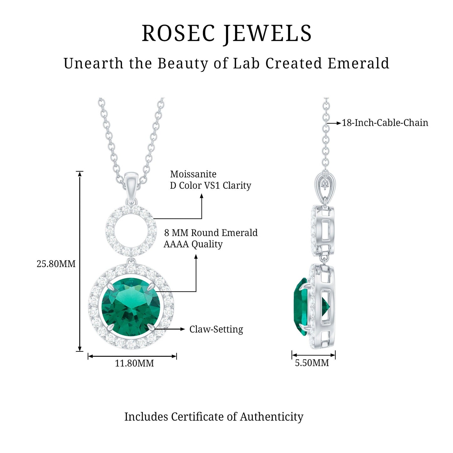 Certified Lab Created Emerald Wedding Necklace with Chain