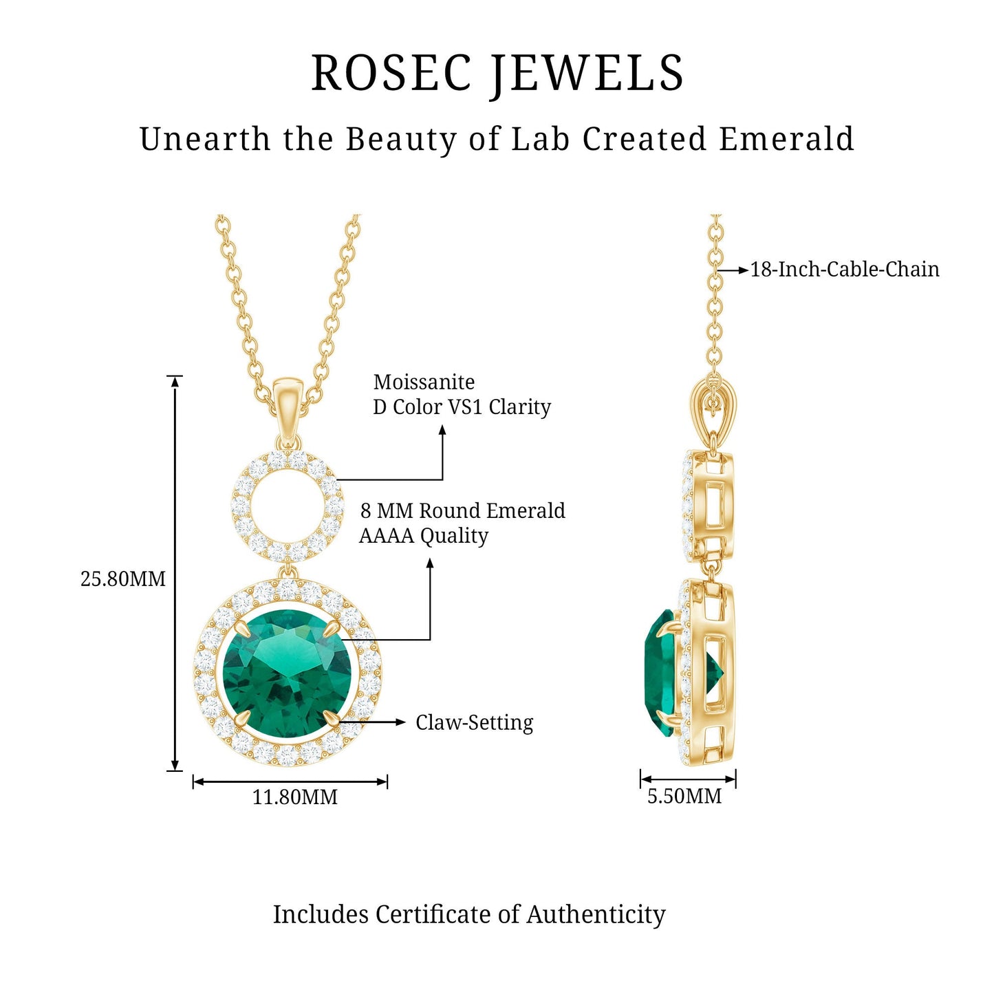 Certified Lab Created Emerald Wedding Necklace with Chain