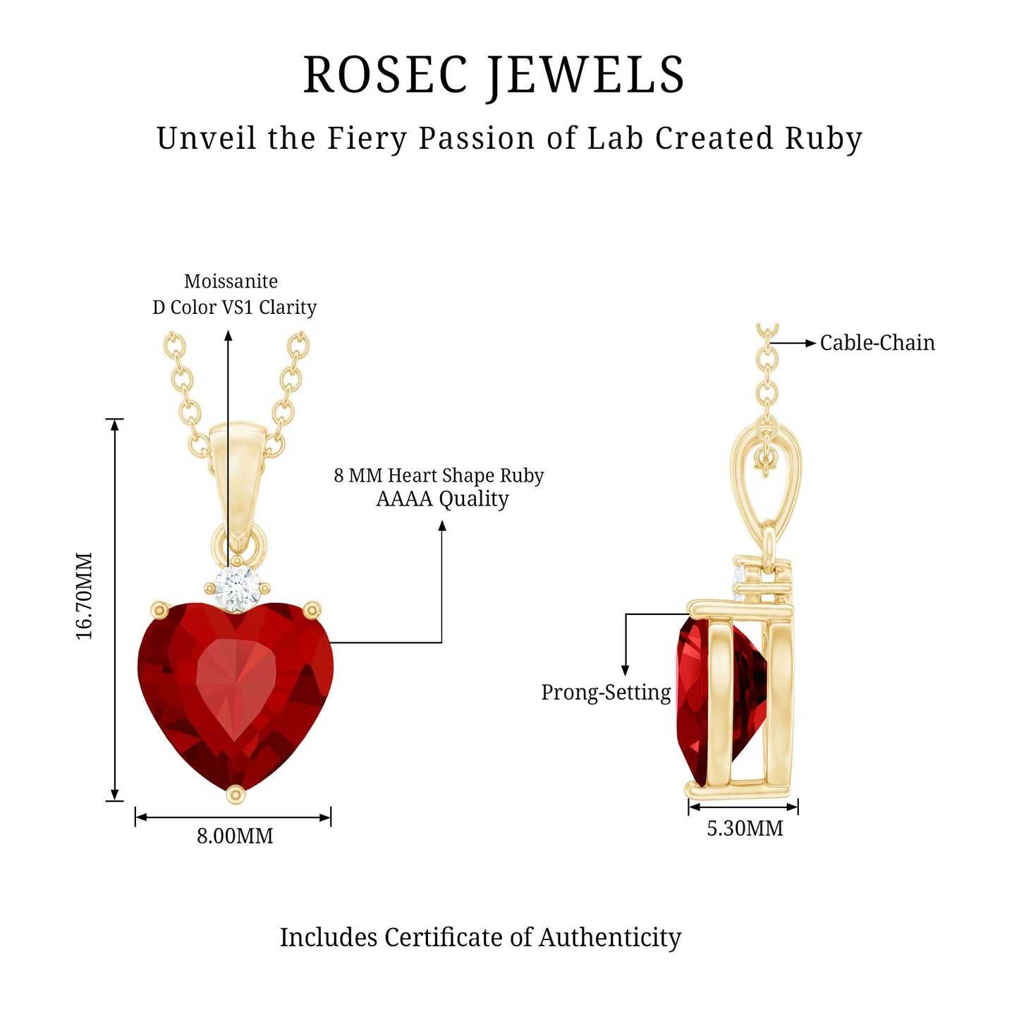 2 CT Lab Grown Ruby Heart Pendant Necklace with Moissanite