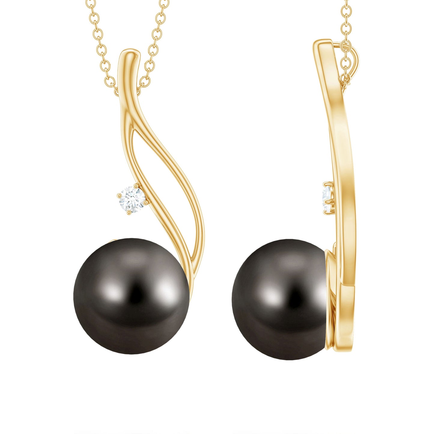 Gold necklace with black pearls on a white background