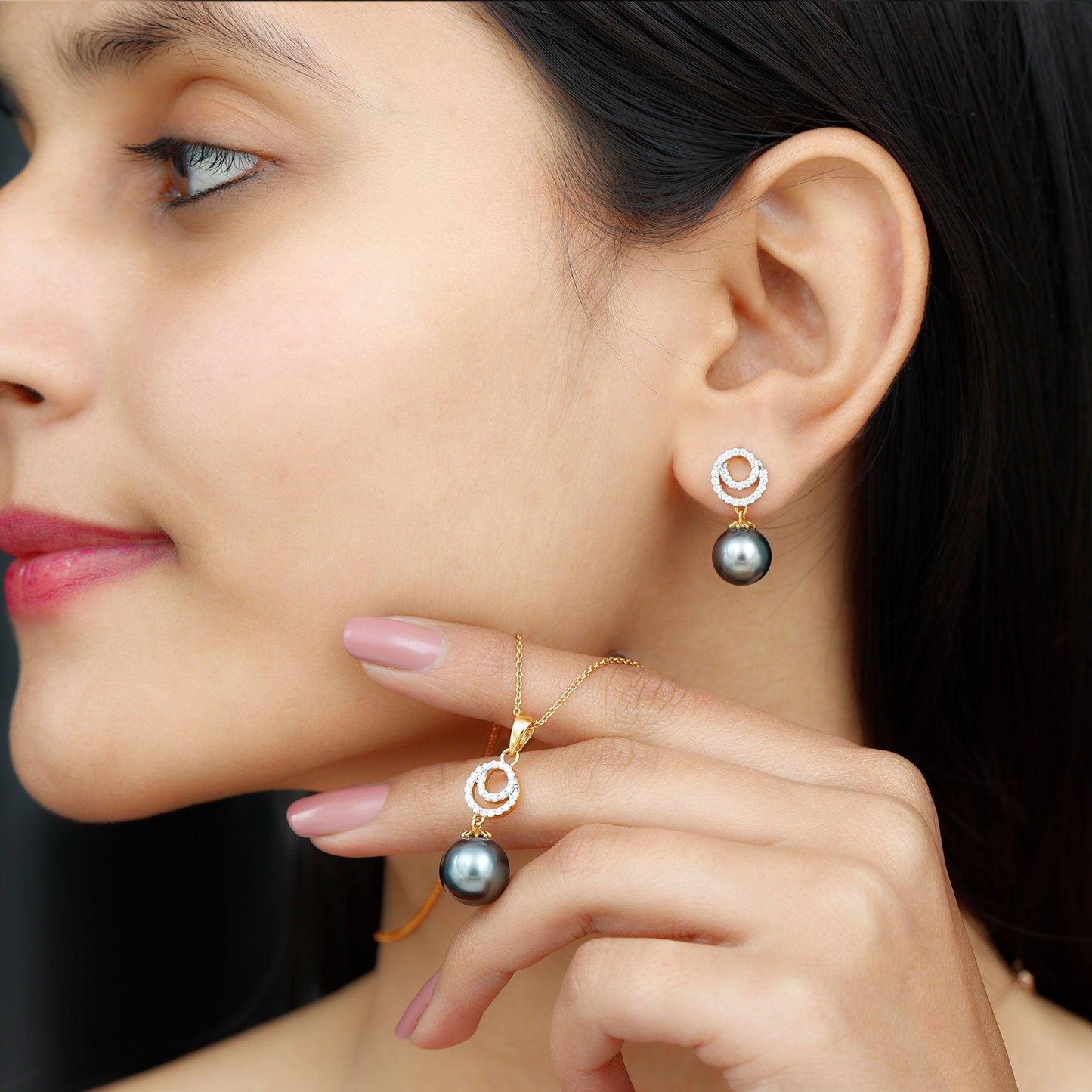 Genuine Tahitian Black Pearl Drop Jewelry Set with Certificate