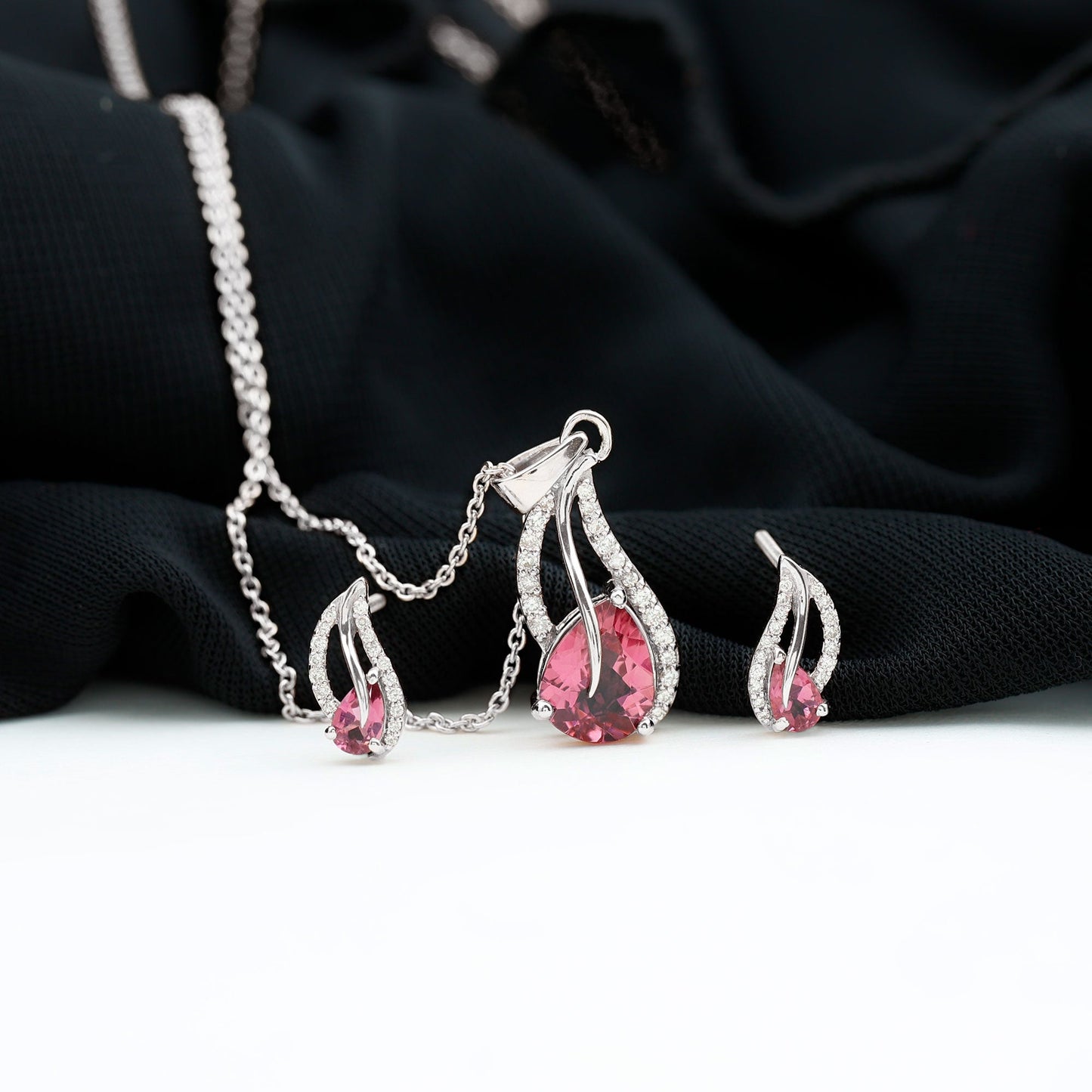 Pear Shaped Pink Tourmaline and Diamond Leaf Jewelry Set