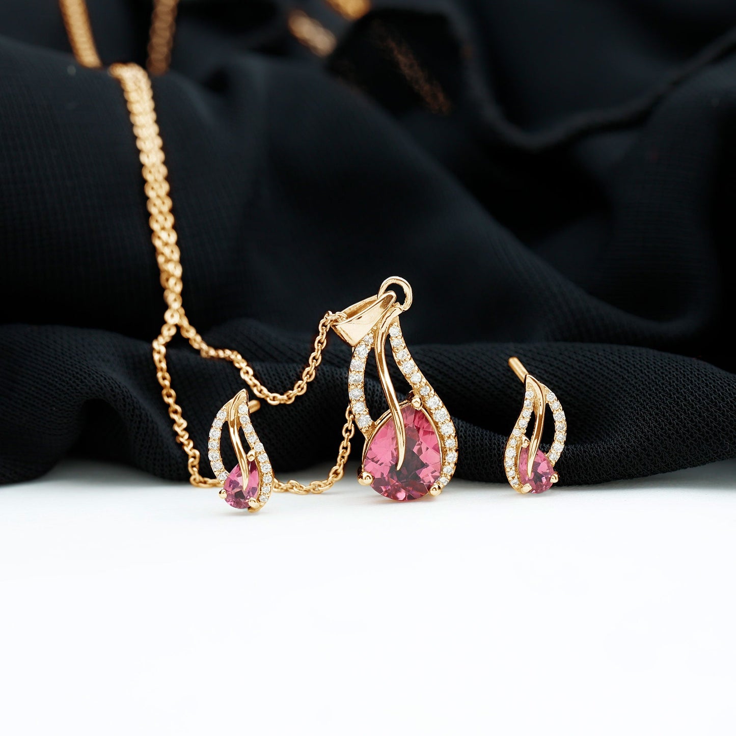 Pear Shaped Pink Tourmaline and Diamond Leaf Jewelry Set