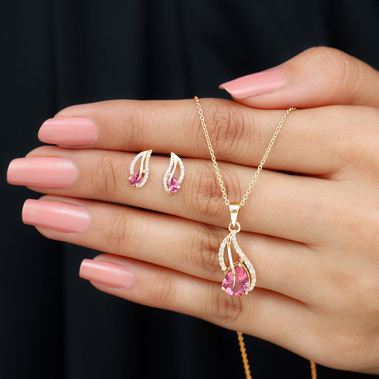 Pear Shaped Pink Tourmaline and Diamond Leaf Jewelry Set
