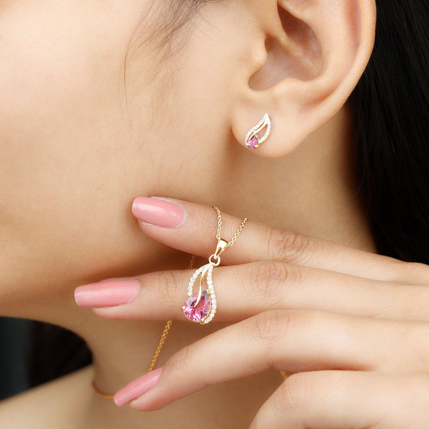 Pear Shaped Pink Tourmaline and Diamond Leaf Jewelry Set