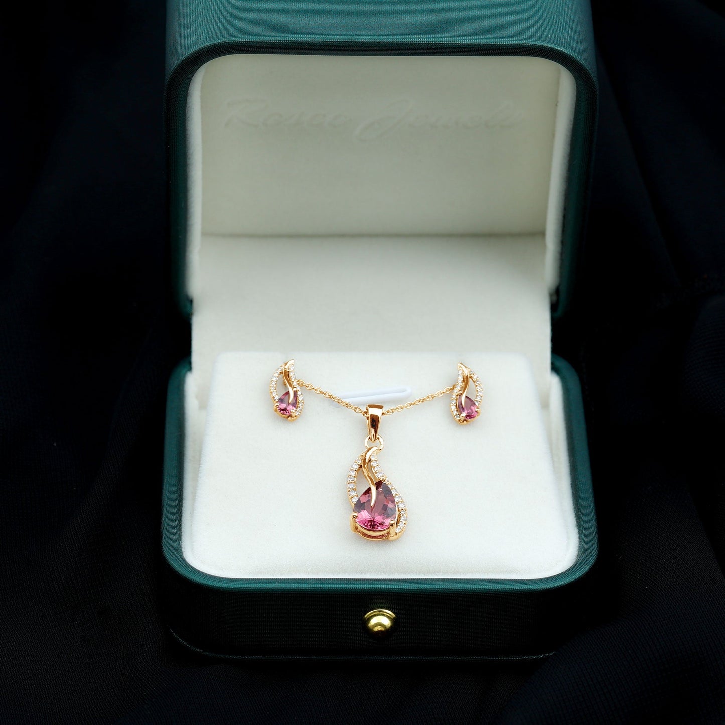 Pear Shaped Pink Tourmaline and Diamond Leaf Jewelry Set