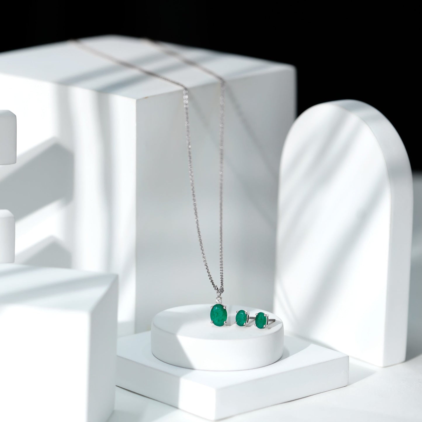 Genuine Emerald Solitaire Pendant and Earrings Set with Moissanite