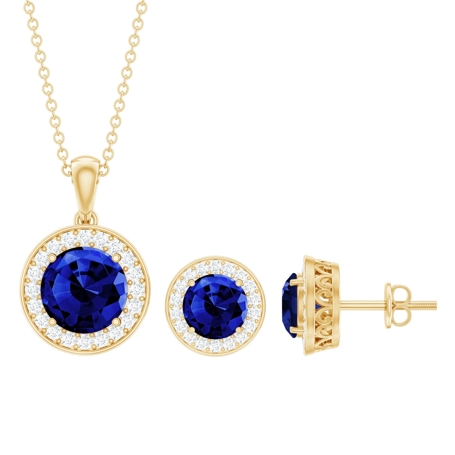 Classic Lab Grown Blue Sapphire And Moissanite Halo Bridal Jewelry Set