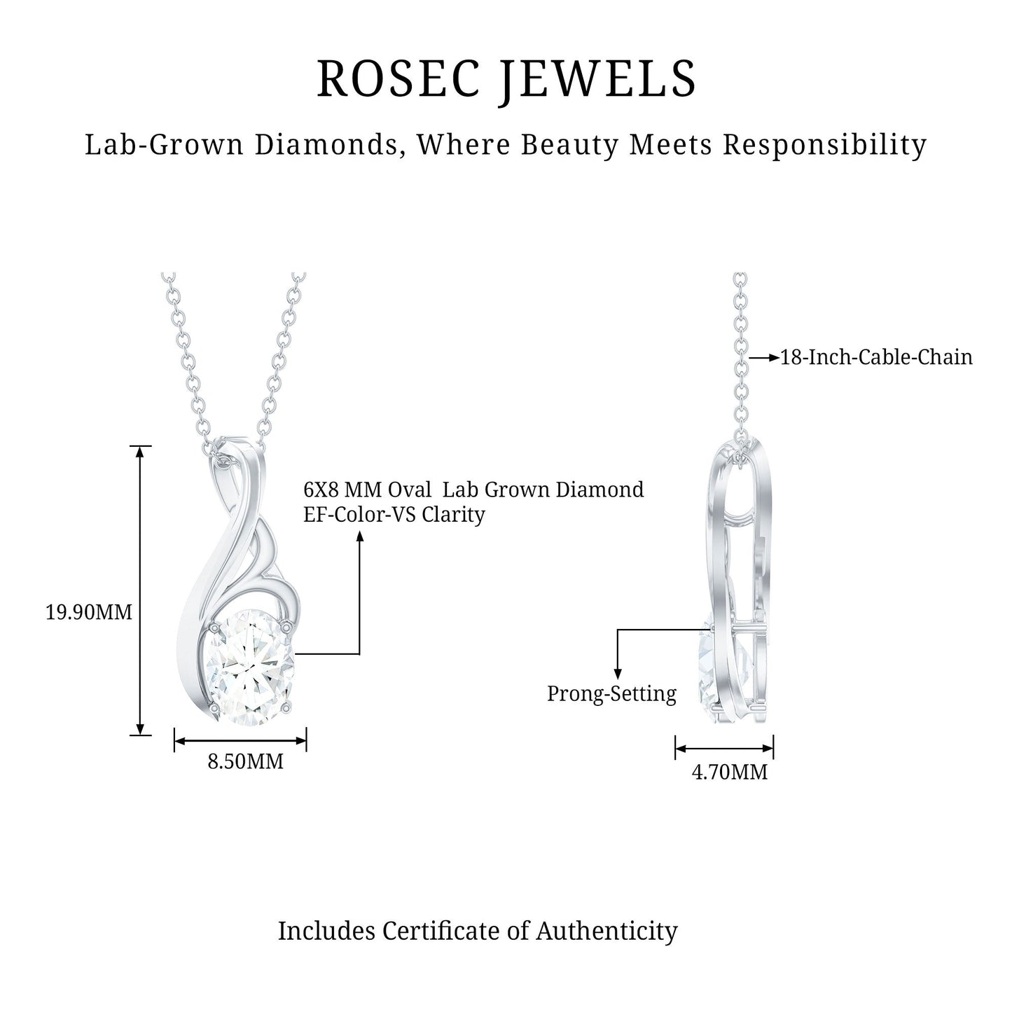 Certified Oval Lab Grown Diamond Solitaire Pendant Necklace