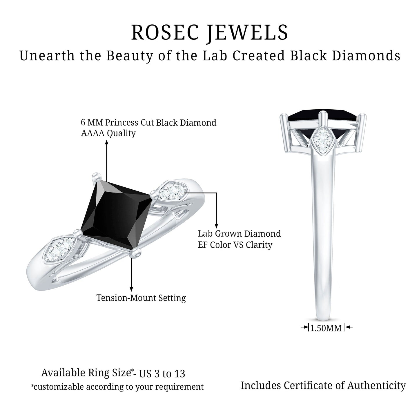 Princess Cut Lab Grown Black Diamond Solitaire Engagement Ring