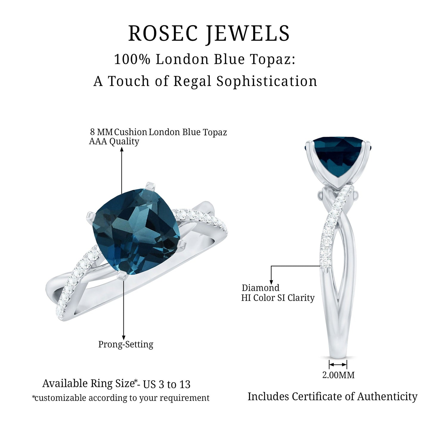 8mm Cushion Cut London Blue Topaz Solitaire Engagement Ring with Diamond Crossover Shank