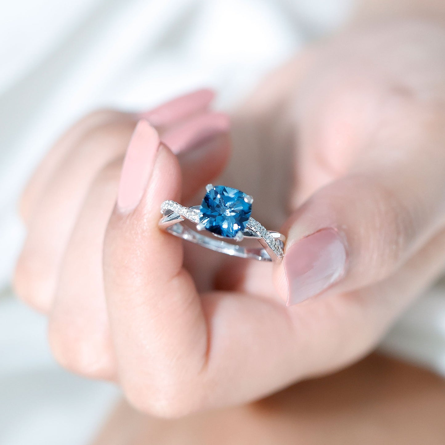 8mm Cushion Cut London Blue Topaz Solitaire Engagement Ring with Diamond Crossover Shank