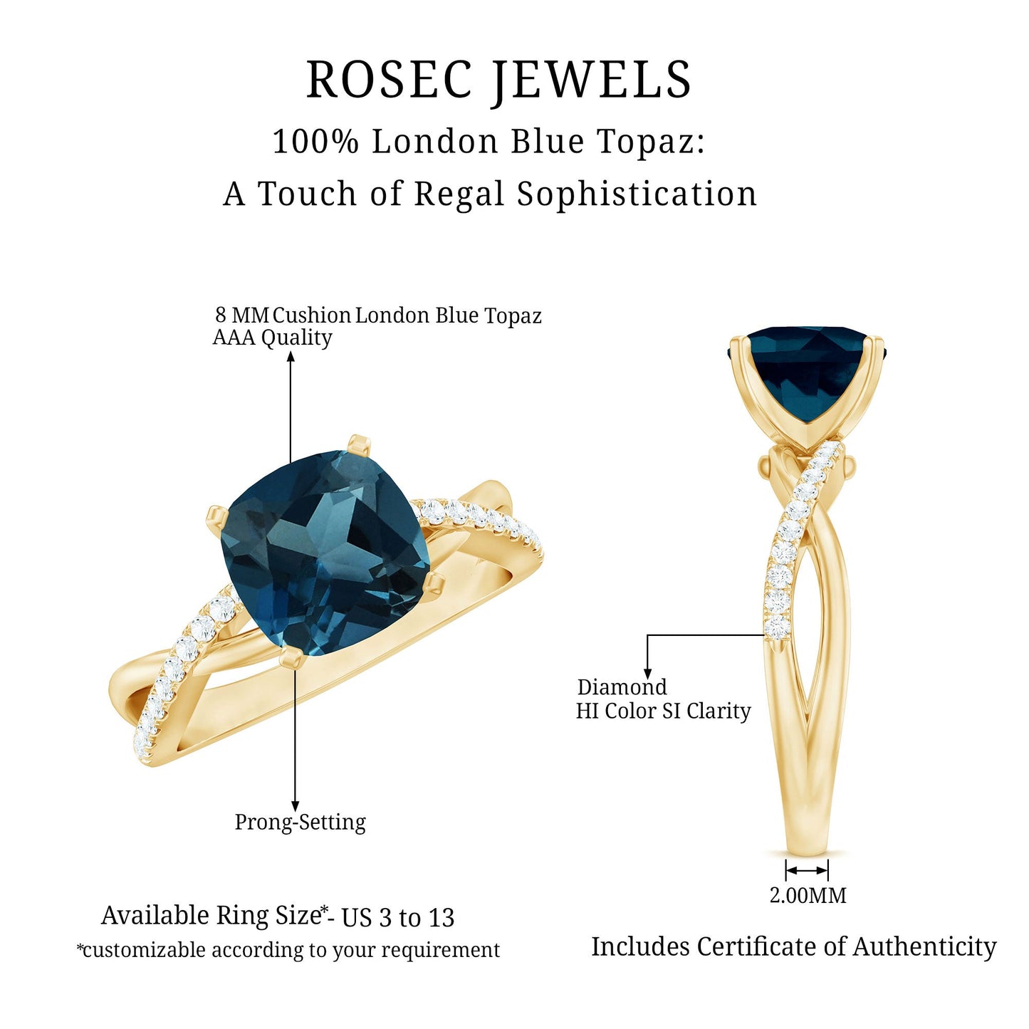8mm Cushion Cut London Blue Topaz Solitaire Engagement Ring with Diamond Crossover Shank