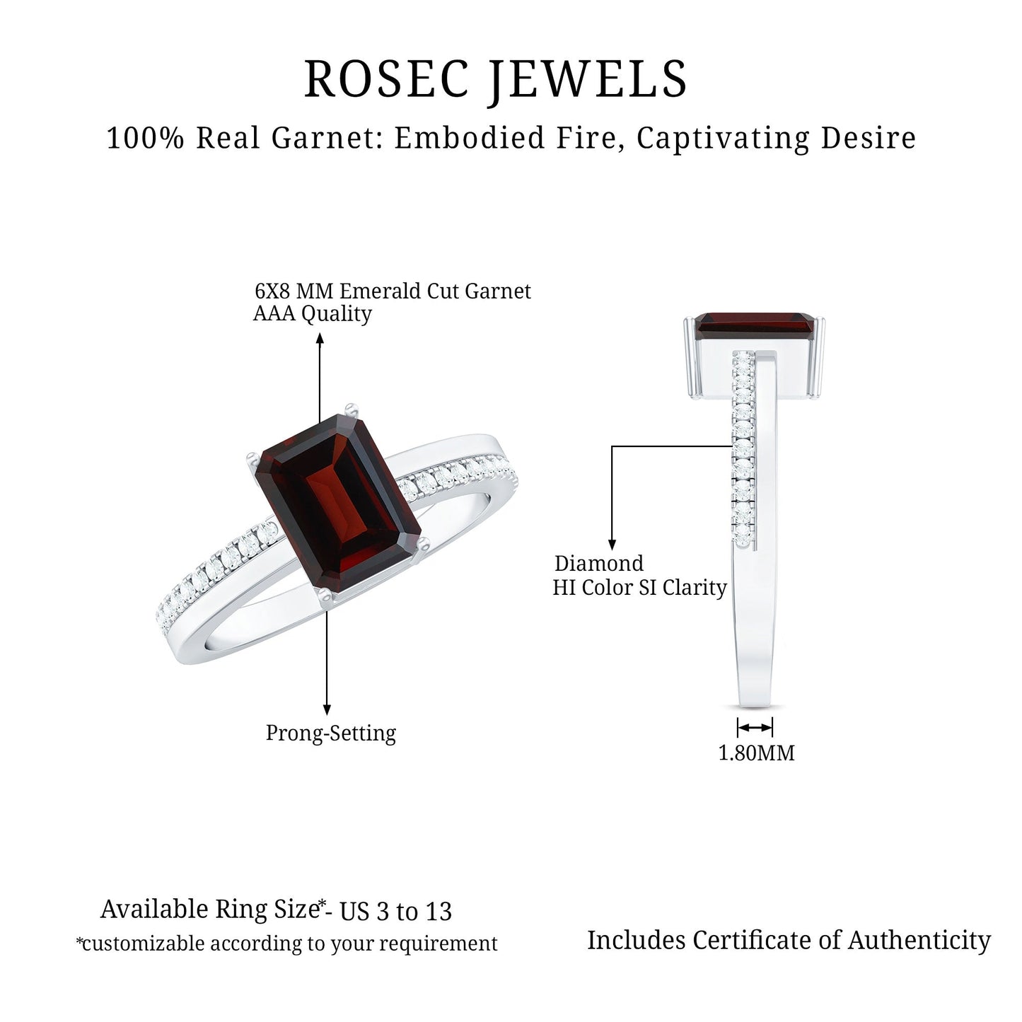 Natural 6X8mm Garnet Emerald Cut Engagement Ring with Diamond