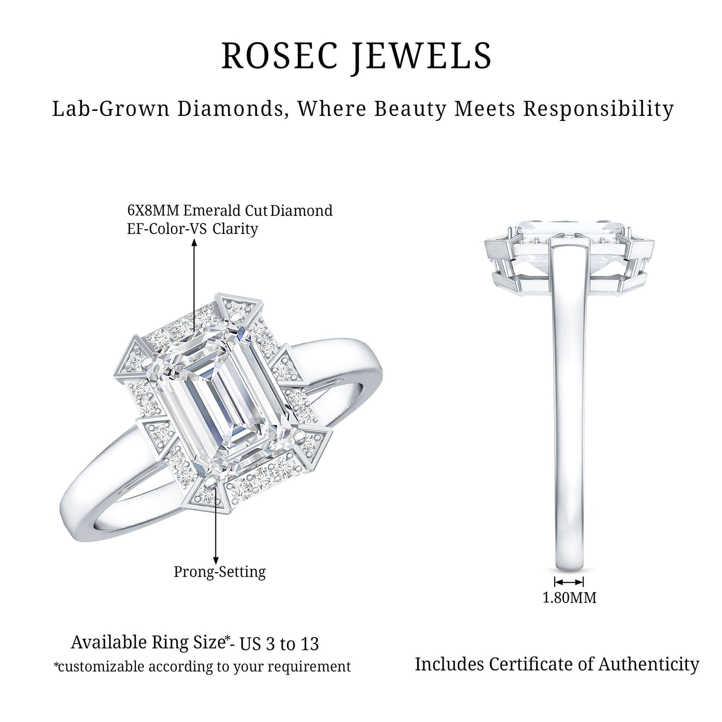 Certified 1 Carat Lab Grown Diamond Emerald Cut Engagement Ring