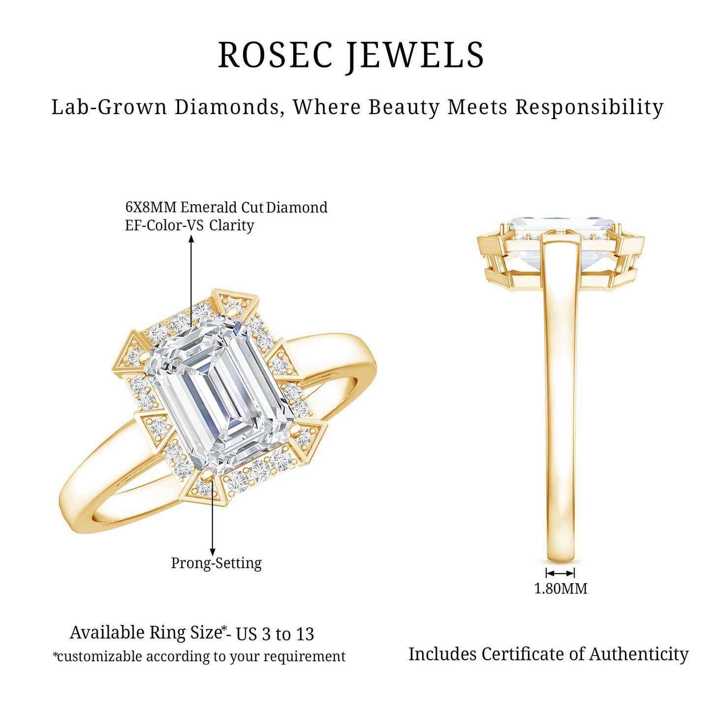 Certified 1 Carat Lab Grown Diamond Emerald Cut Engagement Ring