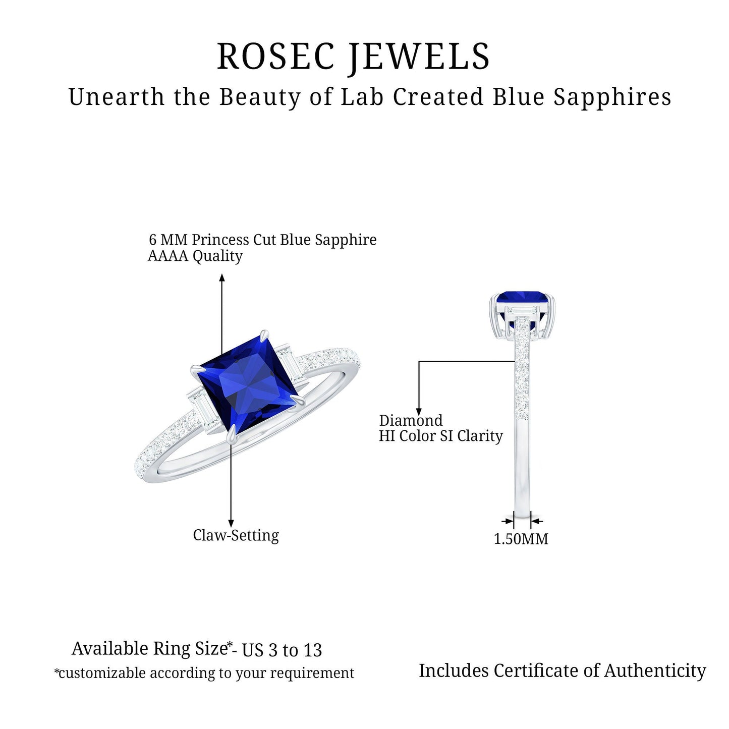Certified 1 Carat Lab Grown Blue Sapphire Princess Cut Engagement Ring with Diamond