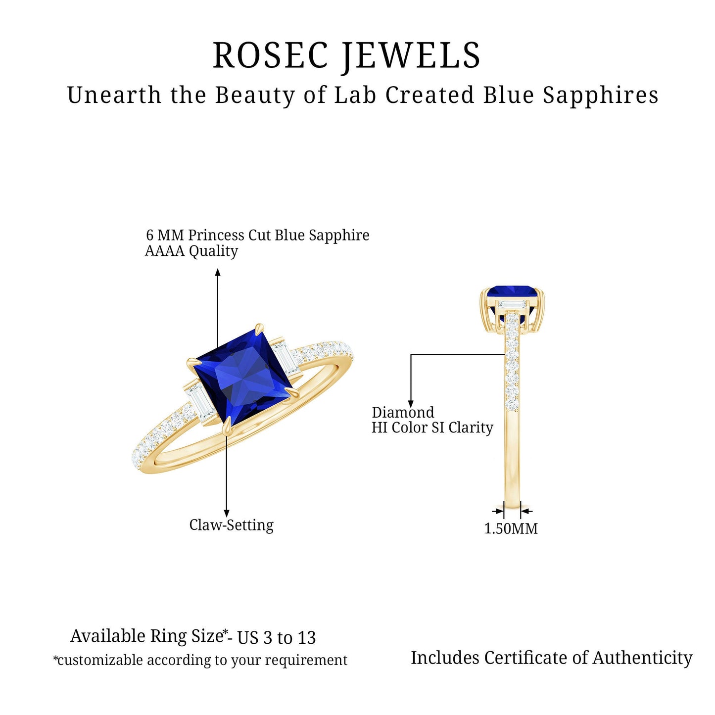 Certified 1 Carat Lab Grown Blue Sapphire Princess Cut Engagement Ring with Diamond