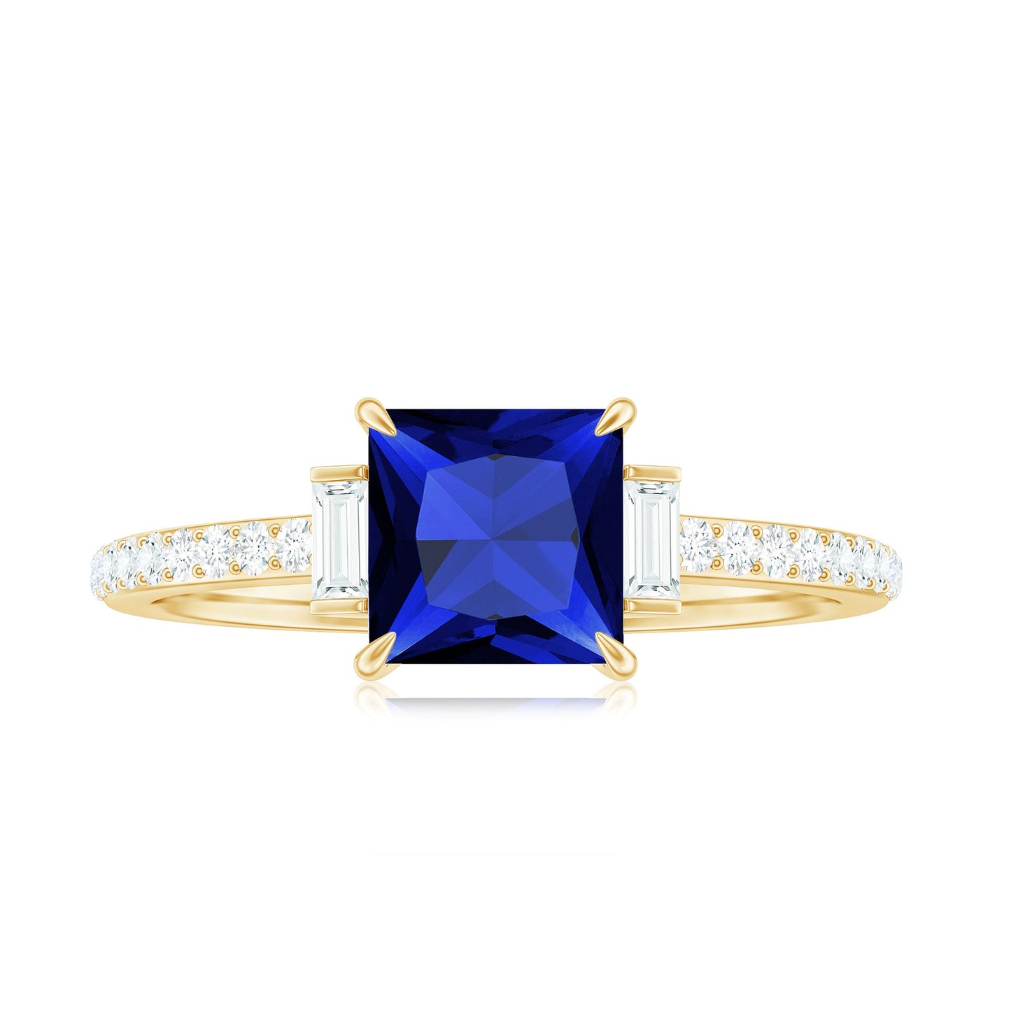 Certified 1 Carat Lab Grown Blue Sapphire Princess Cut Engagement Ring with Diamond