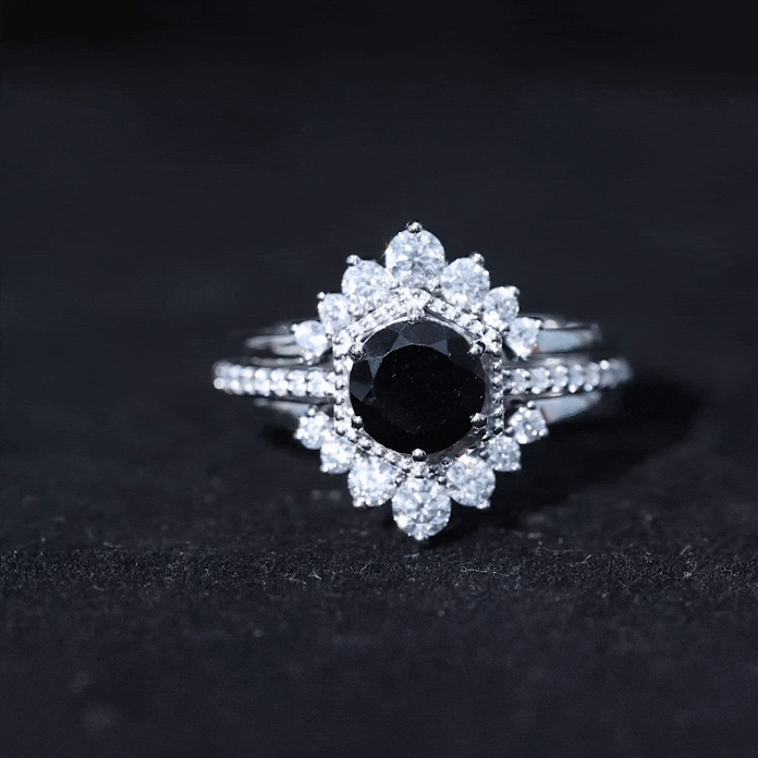 Vintage Style Black Spinel 3 Piece Ring Set with Moissanite
