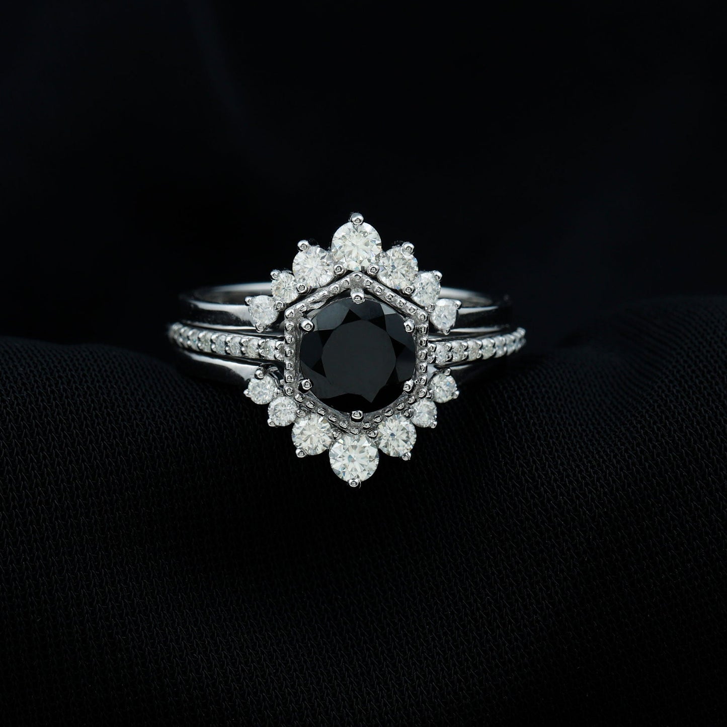 Vintage Style Black Spinel 3 Piece Ring Set with Moissanite