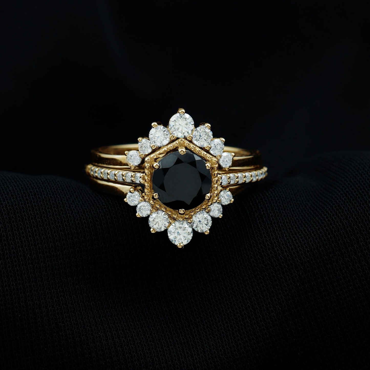 Vintage Style Black Spinel 3 Piece Ring Set with Moissanite