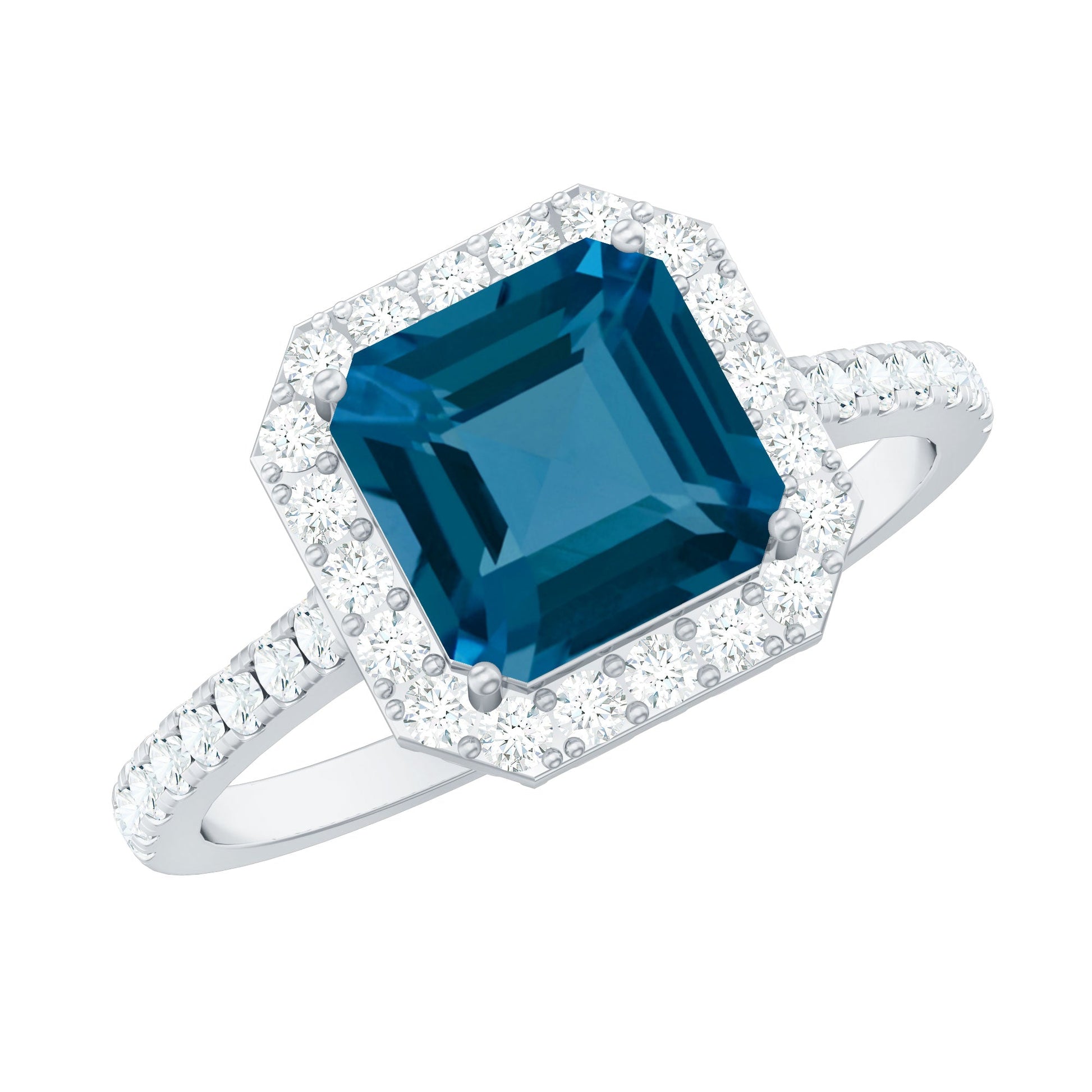 Ring with a blue gemstone and diamond-studded band on a white background