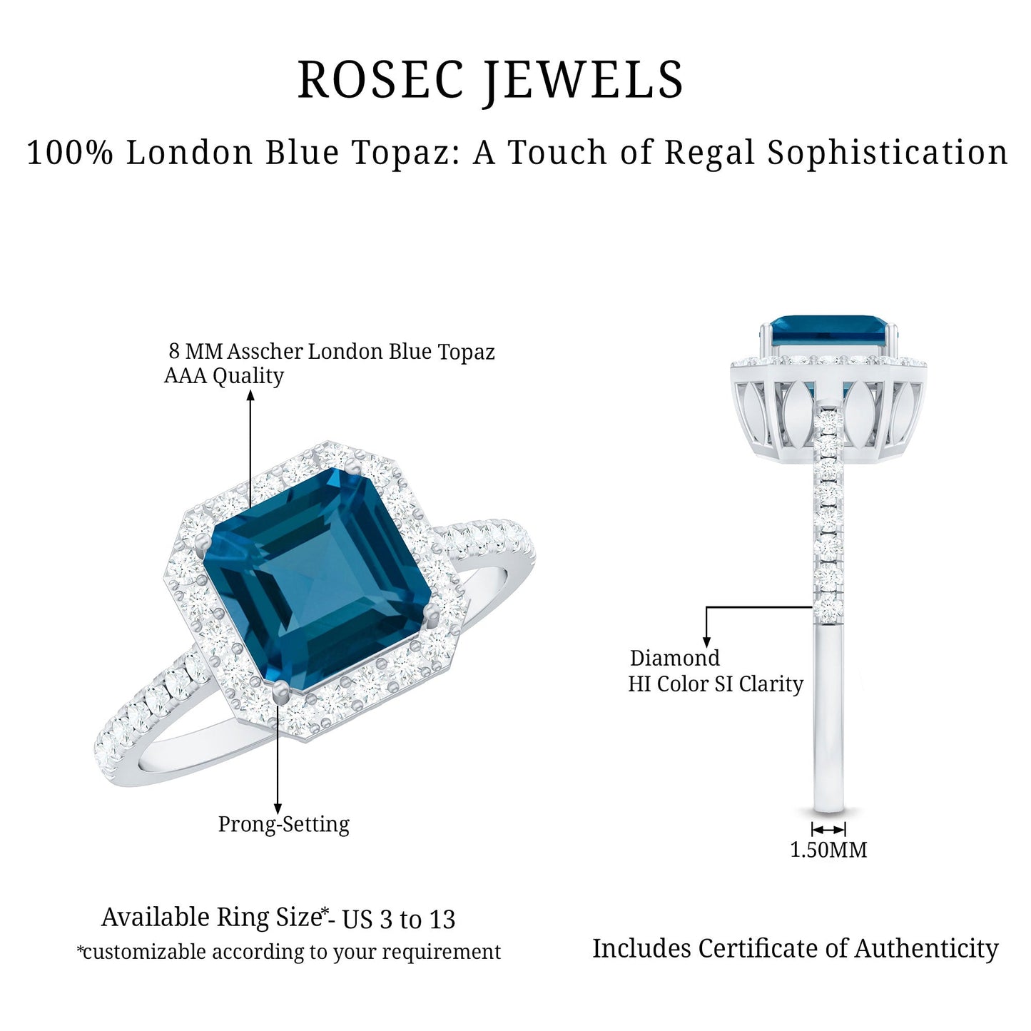 Rosec Jewels ring with London Blue Topaz and diamond details on a white background
