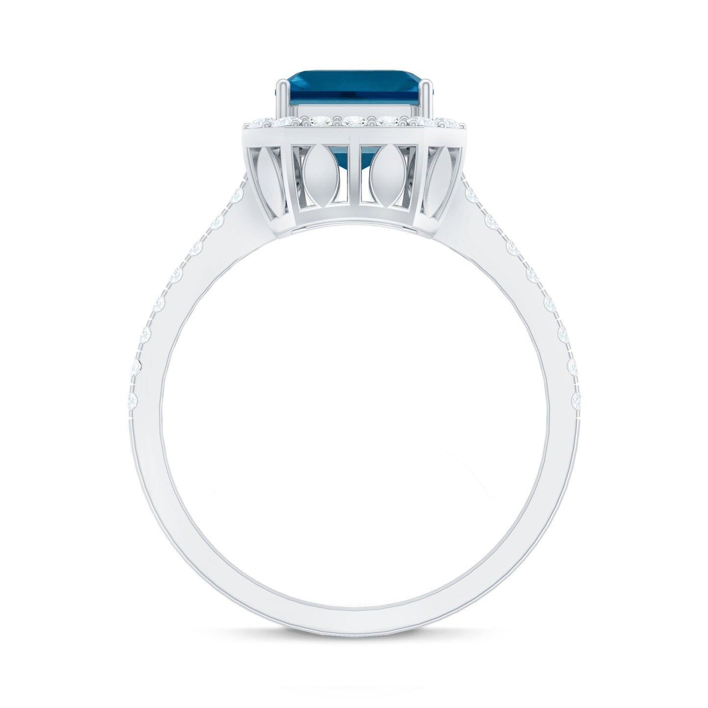 Diamond ring with a blue gemstone on a white background