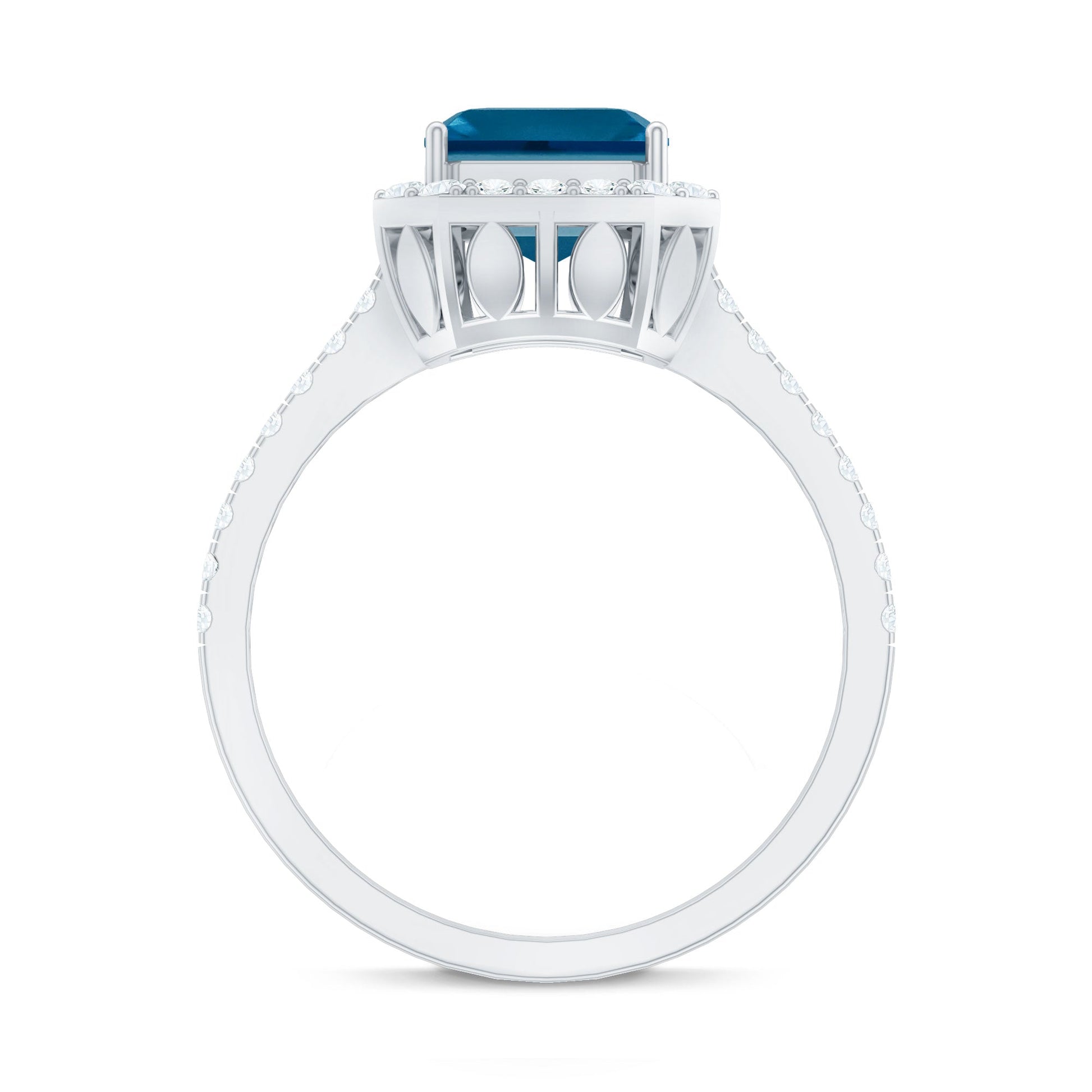Diamond ring with a blue gemstone on a white background