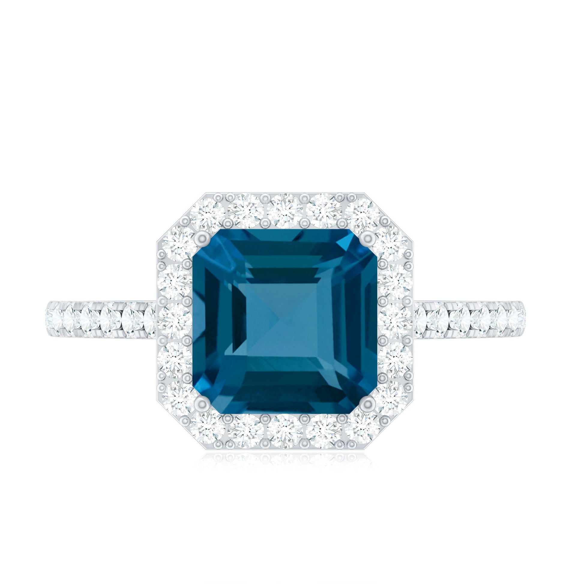Blue gemstone ring with diamond accents on a white background