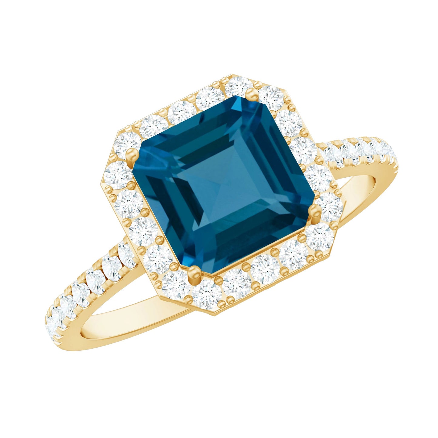 Gold ring with a blue gemstone and diamond accents on a white background