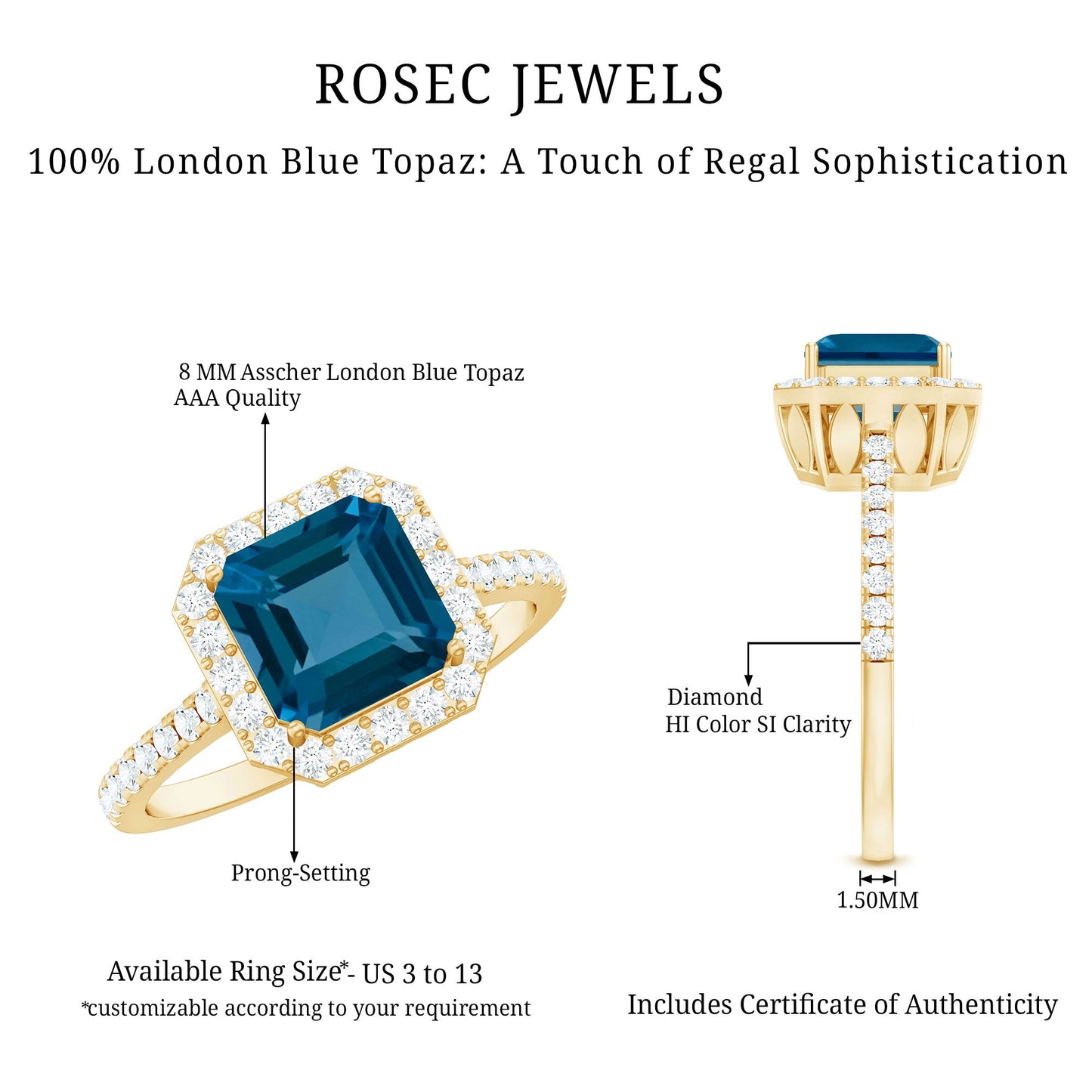 Rosec Jewels ring with London Blue Topaz and diamond earrings on a white background