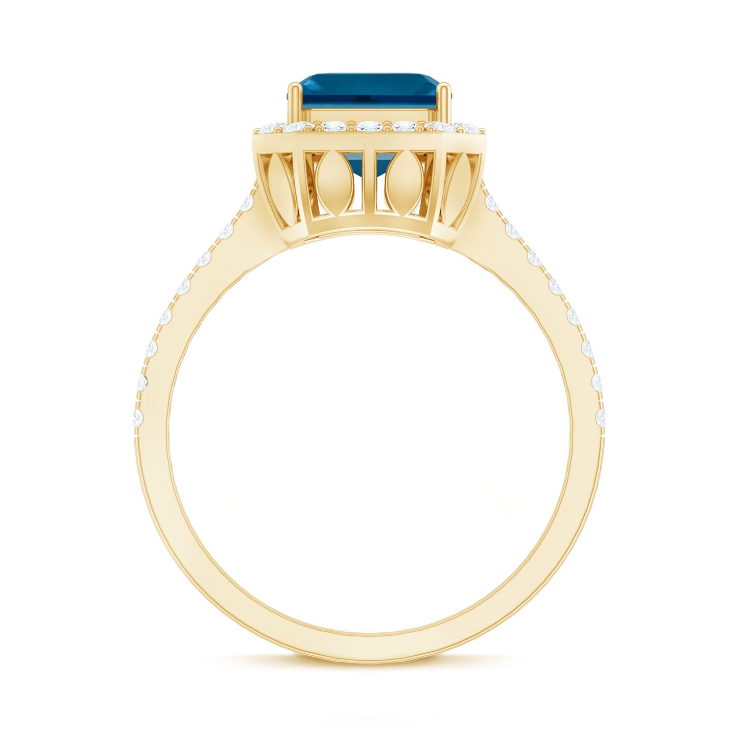 Gold ring with a blue gemstone and small diamonds on a white background